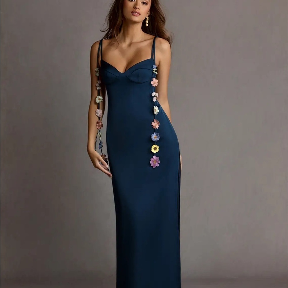 Azazie Navy Blue Column Dress with Floral Accents